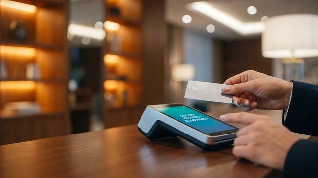 Hand using contactless credit card on pos terminal for secure mobile payment in boutique hotel lobby for financial services business web banner.