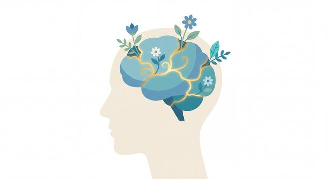 Mental Health Kintsugi Concept Vector Illustration - Healing Brain with Gold Cracks and Flowers