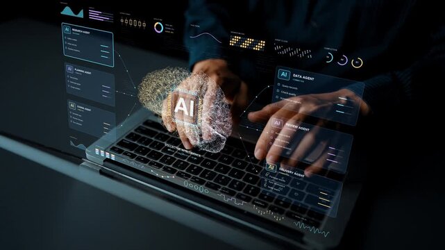 AI specialist works on a laptop. A central AI coordinator connects research, planning, coding and review agents, organizing specialized contributions into a shared delivery workflow.