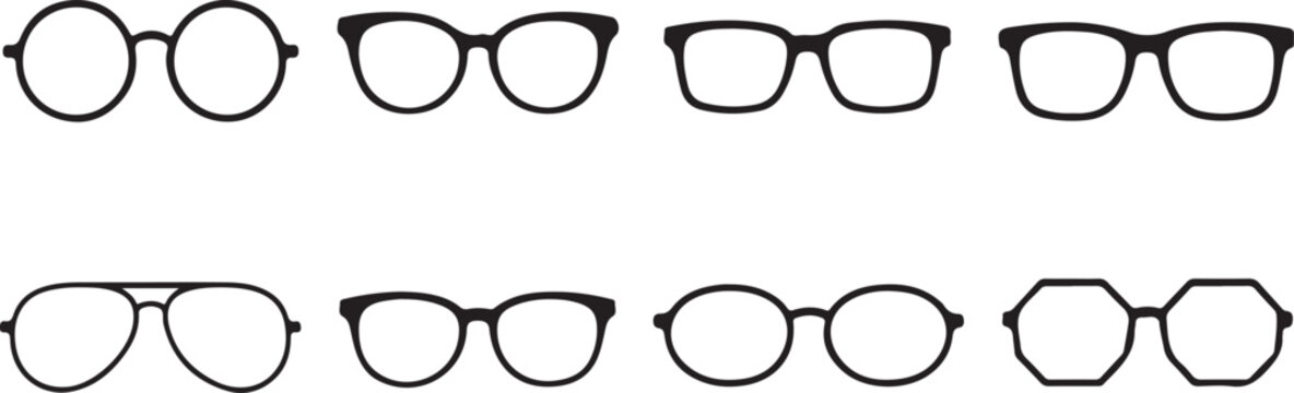 Eyeglasses various fashion styles like round, cat-eye, and rectangular frames, presented silhouette vector