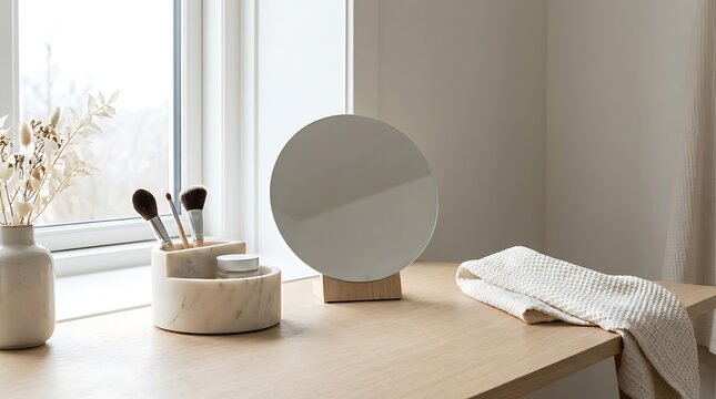 A minimalist marble makeup organizer sits on a wooden vanity table with a round mirror and a small textured towel