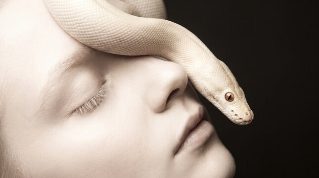Closeup of woman with white python snake draped over face.