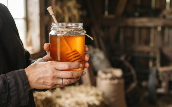 Woman holding jar of fresh golden honey with wooden dipper in rustic barn interior