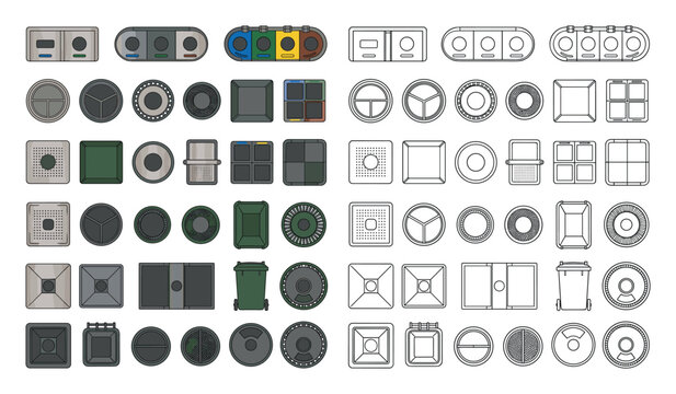 Outdoor street furniture top view bins and elements for urban landscape.