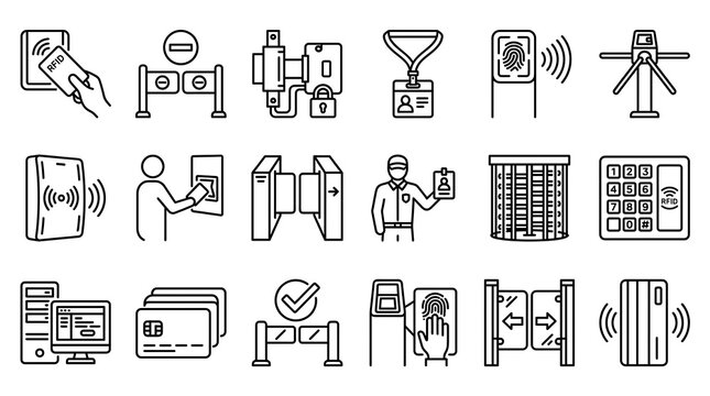 Line Art Security Access Icons Set in Various Access Control Scenarios