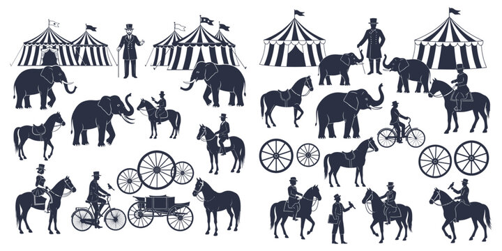 Vintage circus elements set featuring elephants horses performers and tents for classic carnival themed graphic projects