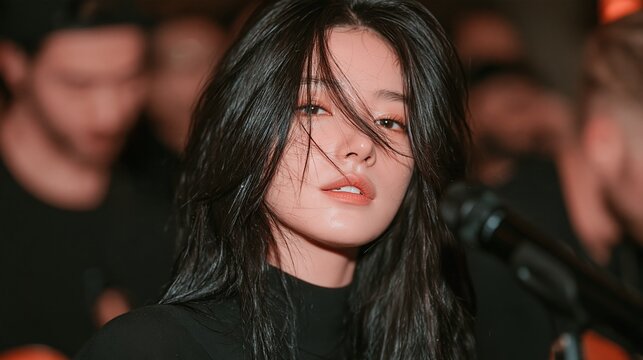 Close-up portrait of a young, stylish woman with long dark hair and subtle freckles, looking thoughtfully into the camera.