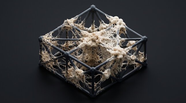 Organic fungal growth interconnected with black geometric cube frame over dark background.
