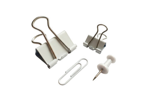 Set of white binder clips paper clip and push pin for office stationery