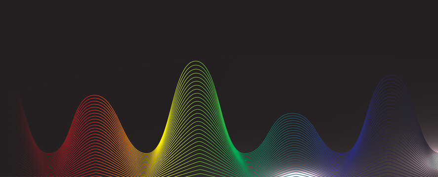 Abstract Rainbow Gradient Wave Lines on Dark Background - Panoramic Digital Art Banner with Copy Space