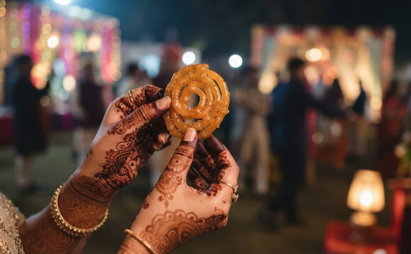 Indian woman hands with mehandi holding fresh hot jalebi sweet at outdoor evening wedding celebration