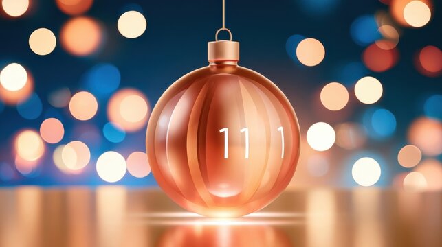 Glowing copper Christmas ornament displaying two factor authentication code 111 against bokeh lights background holiday decoration
