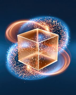 Glowing transparent cube surrounded by swirling golden particles and sparkles against deep blue background, abstract visualization with hexagonal light trails