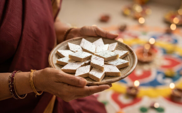 Indian woman holding a plate of kaju katli sweets during a festival celebration with diya lights