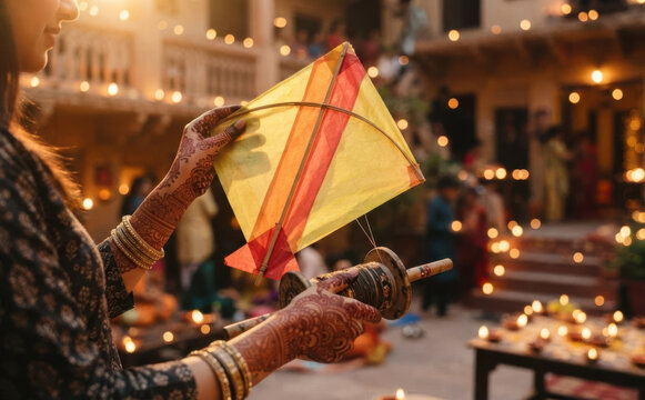 Young Indian woman holding traditional kite and spool during cultural celebration