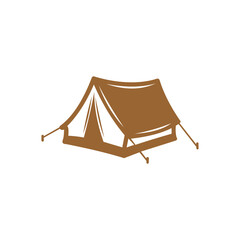 A brown vector icon or graphic logo depicting a pitched camping tent secured with guy lines and stakes. The clean, flat silhouette design makes it ideal for camping gear branding, outdoor adventure  © Pernah