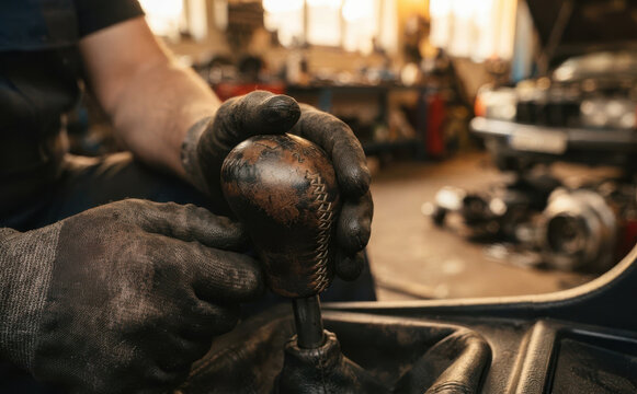 Close-up of a mechanic with dirty gloved hands shifting gears in a vintage car repair garage