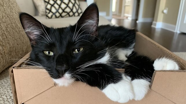Cute black and white tuxedo cat resting comfortably inside a small brown cardboard shipping box