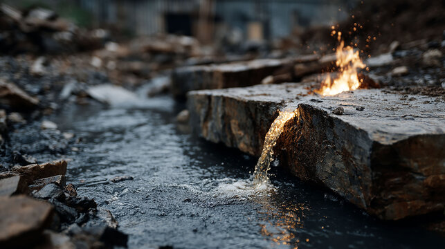 Natural Stream Flowing Over Rocky Stones with Small Fire Sparking Nearby   Industrial or Natural Landscape Featuring Water Trickling Past Flame and Debris