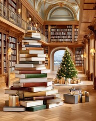 Fototapeta premium Stacked books arranged in spiral tower beside decorated Christmas tree in grand library interior with gift boxes and warm lighting, holiday decoration