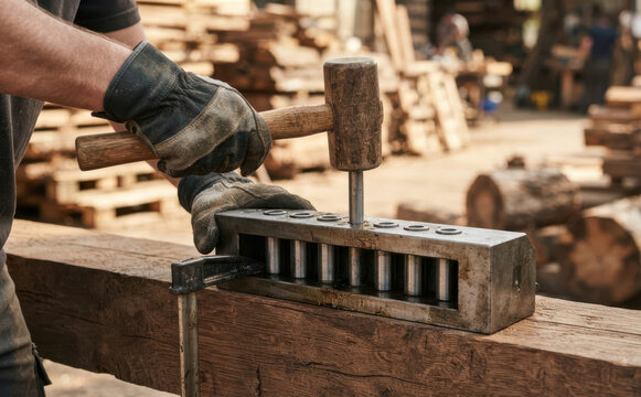 Craftsman using mallet and dowel maker jig on timber beam in a carpentry workshop
