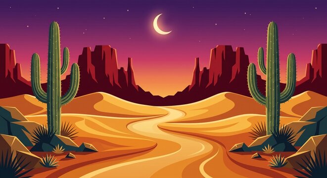 Desert Landscape with Cactus and Crescent Moon at Night