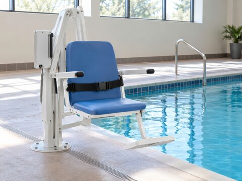 Indoor pool lift with padded seat raised at deck level