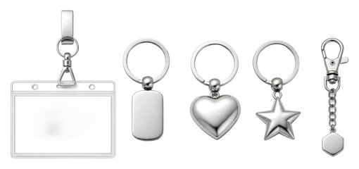 Obraz na płótnie Canvas PNG keychain tag mockups with silver charms on transparent background