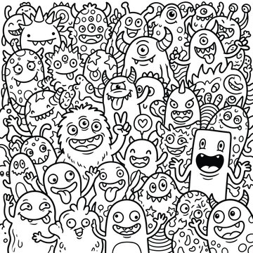 Cute funny monsters doodle pattern coloring page black and white alien creatures crowd illustration