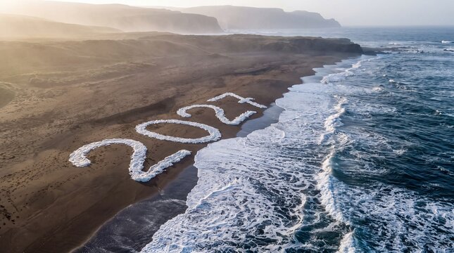 New Year 2027 celebration concept photo. White sea foam numbers spelling year 2027 arranged on sandy beach shore with crashing ocean waves. Coastal landscape scenery during golden hour sunset