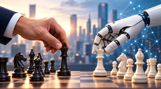 Human hand and robotic arm playing chess as a concept of artificial intelligence competition against human intellect in business and strategy