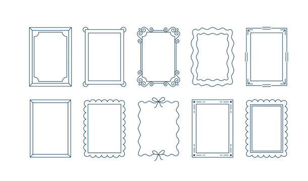 Vintage photo frame set featuring decorative linear rectangular borders with wave ornament ribbon bow and scroll details vector