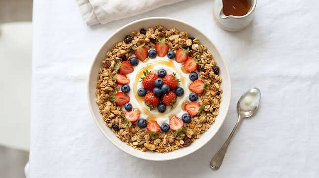 Nutritious breakfast yogurt bowl with circular pattern of fresh strawberries blueberries honey and toasted granola served with a silver spoon and honey jar.