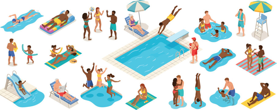 Isometric Summer Pool and Beach Activities editable Vector icon set