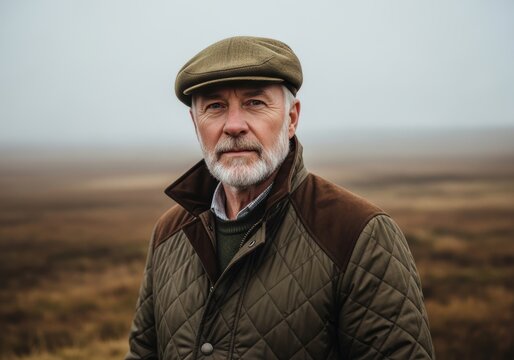 man with a beard wearing a flat cap in a countryside field