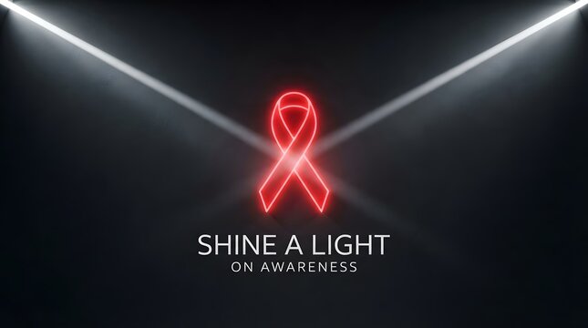 Red ribbon illuminated by spotlights symbolizing awareness and support for hiv and aids