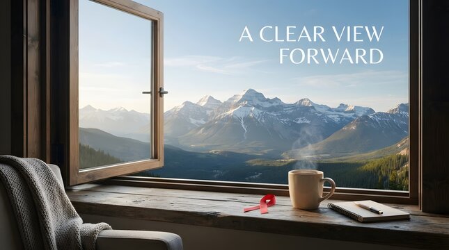 Mountain view from a cozy cabin window with a warm and inviting atmosphere