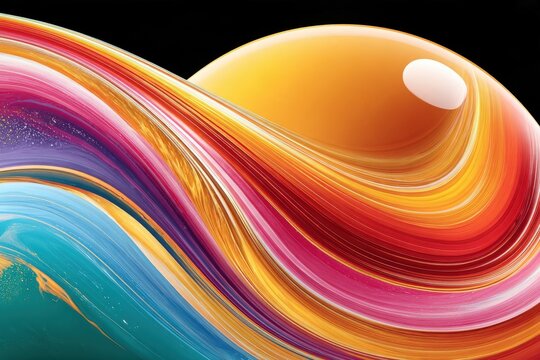 Swirling thin film of rainbow colors flowing over glossy orange sphere, abstract fluid motion with golden highlights and turquoise undertones, digital art