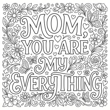 Black and white coloring page design featuring floral patterns and sentimental text for mothers