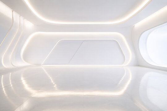 Futuristic White Empty Room Interior Design Concept With Soft LED Curved Lighting Background