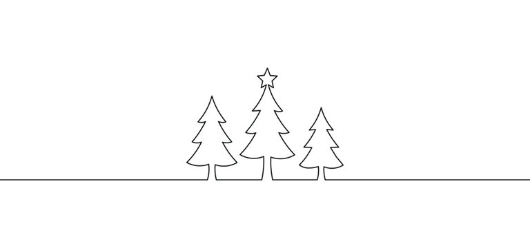 Christmas tree continuous line art drawing featuring three minimalist linear fir pine trees with star topper forest landscape divider