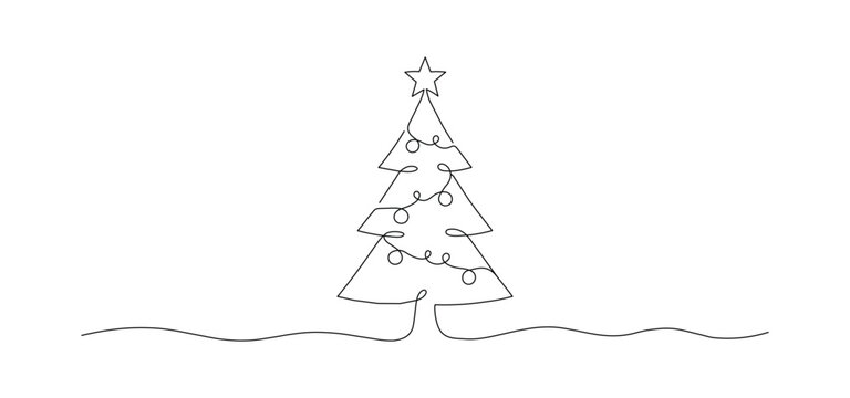 Christmas tree continuous line art drawing featuring minimalist linear fir pine tree with star topper and ornament garland vector illustration