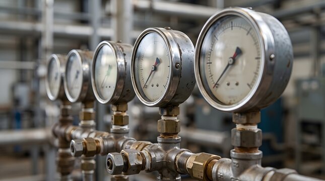 Realistic photo showing multiple pressure gauges installed on an industrial pipe manifold system. The image represents pressure measurement, piping systems, process control, industrial engineering.