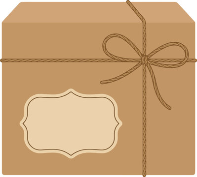 Brown Cardboard Shipping Parcel Box Tied With Decorative Rope String and a Blank Classic Vintage Label Frame for Customizable Text