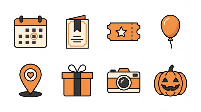 Event planning and celebration solid icon set containing icons for Calendar Greeting Card Ticket Balloon Location Pin Gift Box Camera and Jack o lantern for holiday party design