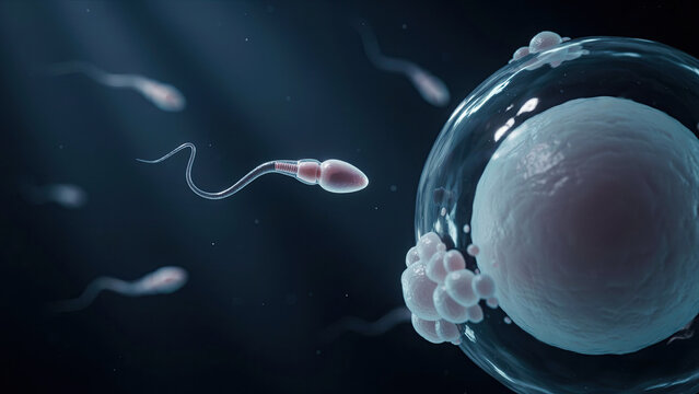 Microscopic view of sperm cells swimming toward human egg for fertility and biology study.