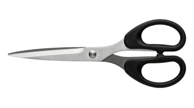 Black and silver scissors with stainless steel blades on white background
