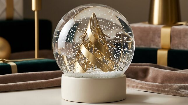 Elegant snow globe featuring a golden castle inside soft focus luxury decor