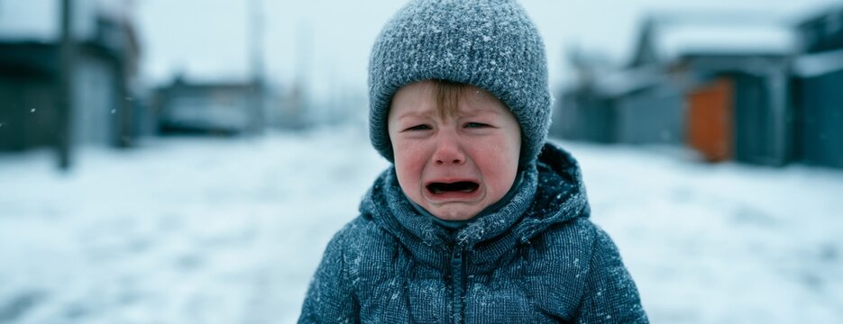 Child boy crying in a snowy street during winter  