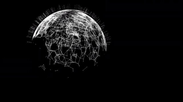 Monochrome digital globe animation featuring interconnected data clusters and floating labels, ideal for luma key compositing in global communications systems.